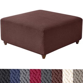 HFCNMY Ottoman Cover Square,Stretch Knitted Jacquard Square Ottoman Cover Thick Ottoman Slipcover Square Washable Storage Ottoman Cover Foot Stool Cover with Elastic Bottom Coffee Large
