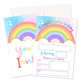 RYSMH Rainbow Birthday Invitations, Colorful Rainbow Invites Cards For Boys Girls, Birthday Party Celebration Favors Supplies, 20pcs Party Fill In Invitation Cards With Envelopes -30