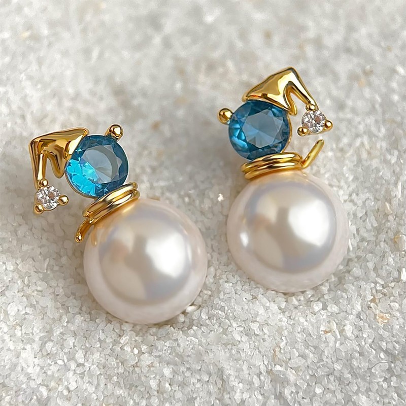 Pearl Stud Earrings for Women 18K Gold Plated Blue Zirconia