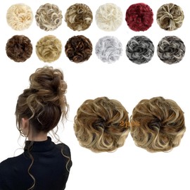 FeidyLong 2 PCS Messy Bun Hair Piece Wavy Curly Scrunchies Synthetic Chignon Ponytail Hair Extensions Thick Updo Hairpieces for Women Girls(Ash Blonde Mix Ginger Brown)