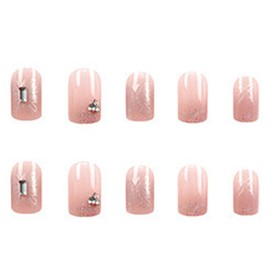 24 Pcs Pink Butterfly Press on Nails Coffin Long Designs, Diamond Bling French Fake Nails with Nail Gel Glue, Cute Ballerina Stick on Nails for Women, Medium False Nails for Nails Art Gifts
