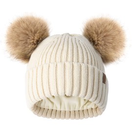 FURTALK Knit Beanie Hats for Women Double Layer Fleece Lined with Real Fur Pom Pom Winter Hat Beige