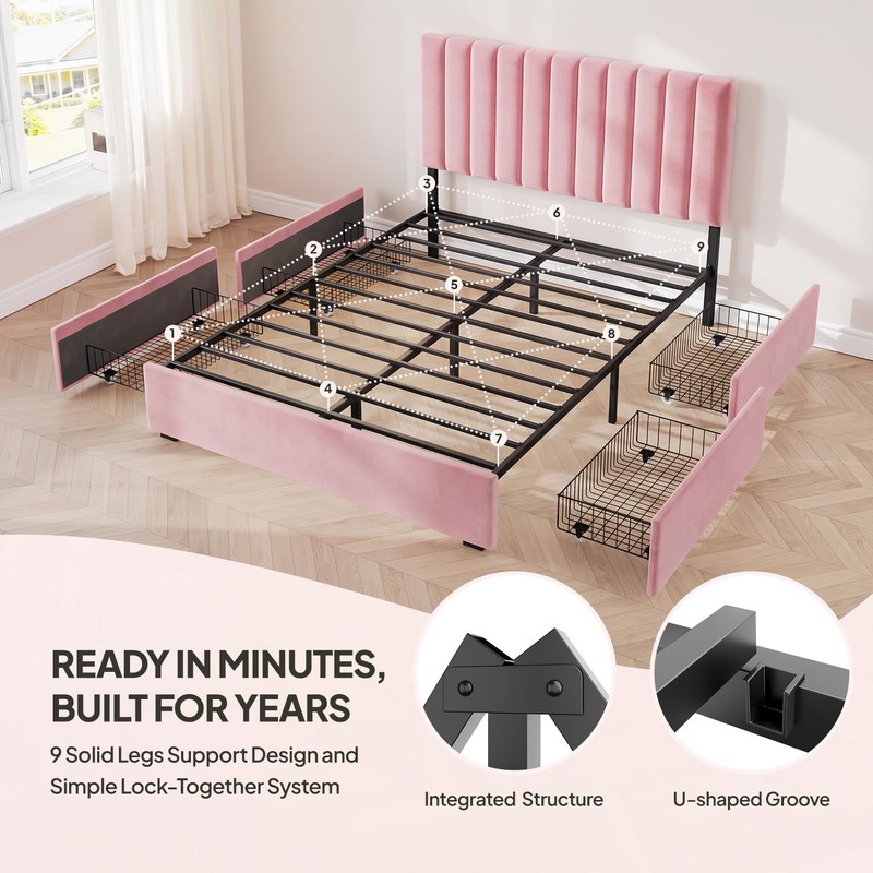 Full Size Upholstered Bed Frame with Headboard & 4 Drawers,