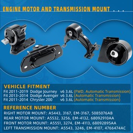4PCS Engine Motor Mount Transmission Mount Set Compatible with Dodge Journey 2011–2019 FWD Only, Avenger 2013–2014, Chrysler 200 2011–2014 – V6 3.6L Automatic Transmission