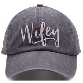 MANMESH HATT Embroidered Wifey Ponytail Hat Vintage Washed Adjustable Denim Baseball Cap for Women (Grey, One Size)