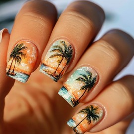 24pcs Summer Press on Nails Short Square Fake Nails with Designs Beach Coconut Tree Sunset False Nails Glossy Glue on Nails Summer Full Cover Stick on Nails for Women Nail Decoration
