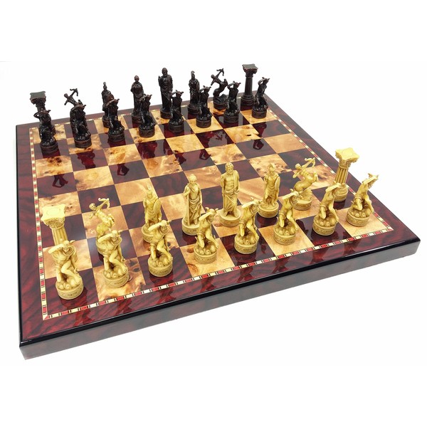 Greek Roman Mythology Gods Chess Set w/ 18" High Gloss Cherry & Burlwood Color Board