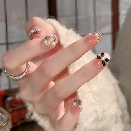 Pack of 30 Cat Eye False Nails Short, Pink Press On Nails French with Pearls, Rhinestones, Bow Design, Square Nails for Sticking Short, Artificial Fingernails for Women (Gold Pearl)