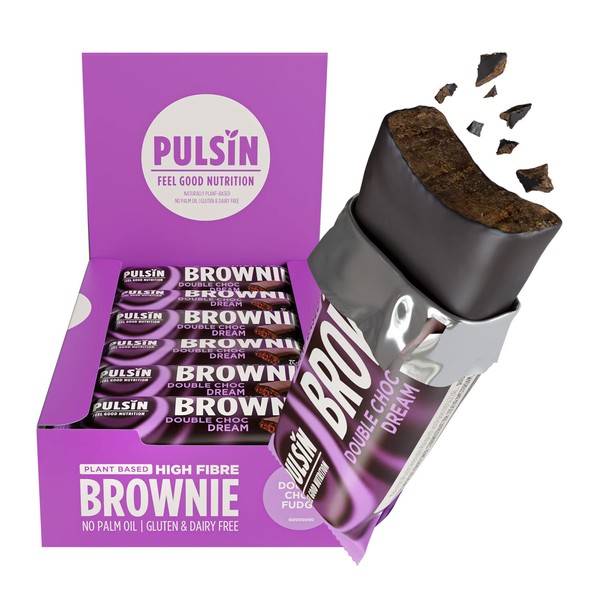 Pulsin - Double Choc Dream High Fibre Brownie - 18 x 35g - 5.3g Fibre, 148 Kcals Per Serving - Gluten Free, Palm Oil Free & Dairy Free Bars