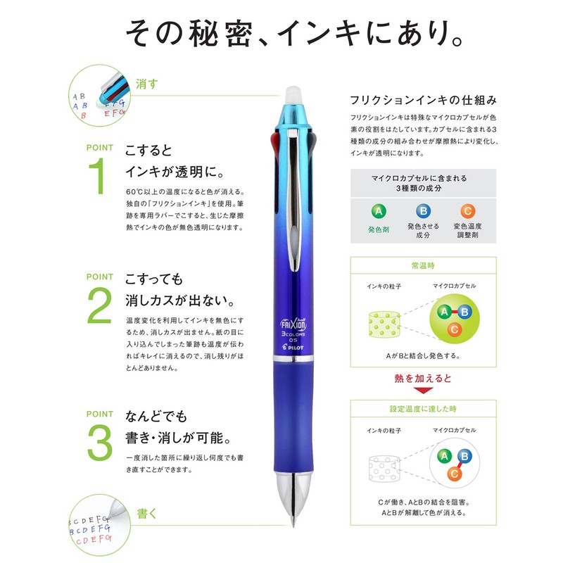 Pilot P-LKFB-60UF-GY Friction Ball 3 0.5 Ballpoint Pen, Erasable, 3-Color, Gray, Metal