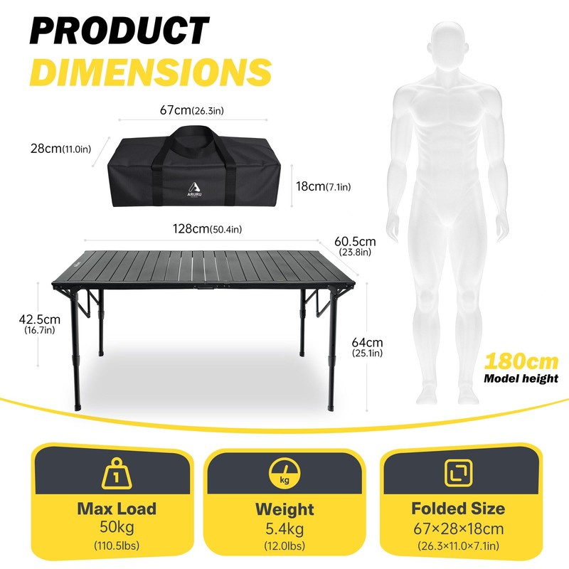 ARURU 50" Large Folding Camping Table with Adjustable Hight Legs
