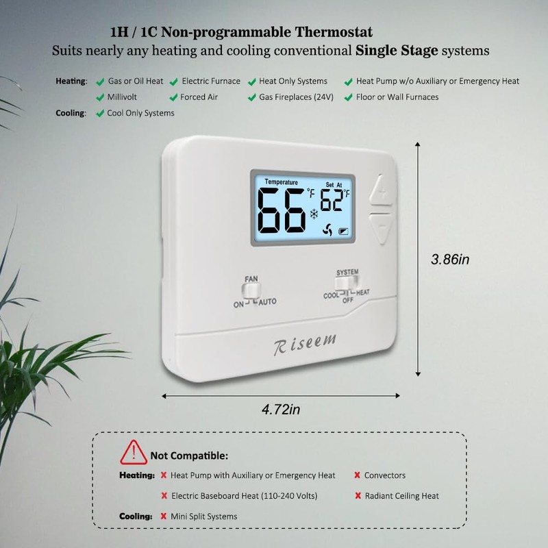 NonProgrammable Thermostat for Home, Single-Stage Systems,Digital Energy-Saving Thermostat,1 Heat/1 Cool,