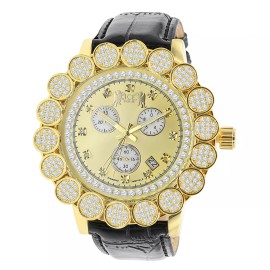 ICE HOUSE 18K Yellow Gold Tone Pave Flower Cluster Bezel Real Diamond Analog W/Date Watch