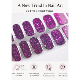 LIFOOST Glitter Gel Nail Stickers Purple Sequins Nail Polish Strips 22 Pcs Full Wraps Nails Gel Stickers for Women Manicure Decor