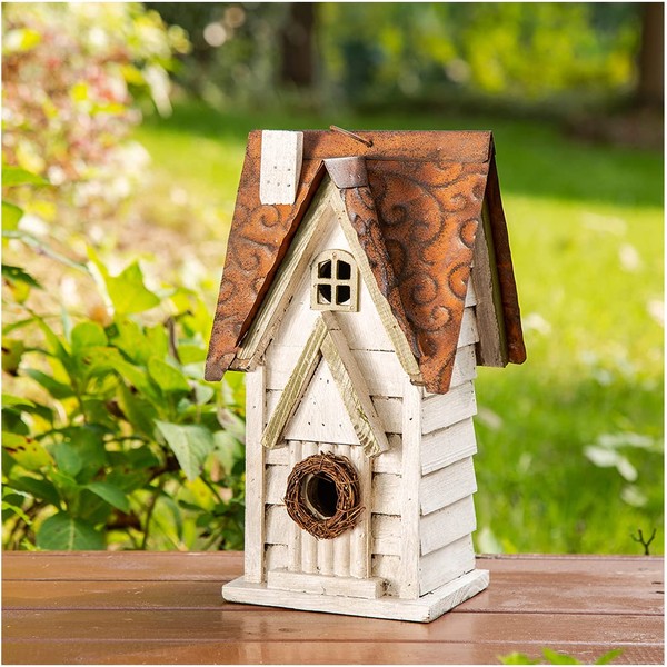 Glitzhome 12" H Washed White Distressed Solid Wood Cottage Birdhouse Hanging Bird House for Outdoors