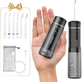 Bezvoi Irrigador de agua inalámbrico para viajes, mini irrigador oral con tanque de agua telescópico, 5 modos, 6 puntas de chorro, IPX7 impermeable, limpiador de dientes de agua portátil eléctrico