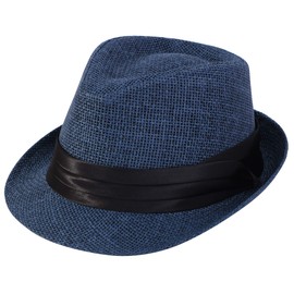 Simplicity Straw Sun Hats Navy Blue Fedora Hat Mens Straw Sun Hat Summer 1920s Short Brim Straw Fedora Hat Blue Fedora, Navy SM