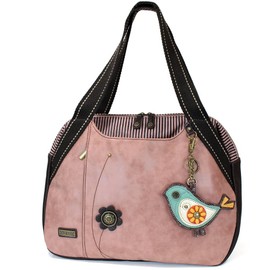 Chala Handbags Dust Rose Shoulder Purse Tote Bag with Key Fob/Coin Purse Rose- Green Bird