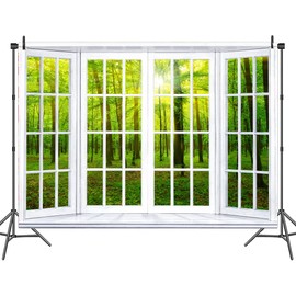 8 x 6 ft Spring Greenery Window Scenery Backdrop Green Forest Sunshine Natural Trees Photography Background Wedding Birthday Party Baby Shower Portrait Decor Office Video Conference Photo Props