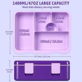 rockpapa 5 Compartment Bento Lunch Box with Ice Pack for Kids, Leak Proof, Dishwasher Safe, BPA Free Materials, 47oz Snack Bento Box with Utensils & Handle for Boys Girls Ages 3+ (Purple Mermaid)