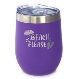 Beach Please - Travel Wine Tumbler with Sliding Lid - Stemless Stainless Steel Insulated Cup - Cute Funny Outdoor Camping Gift - Purple
