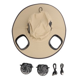 Detachable Sun Fan Hat 3 Speeds Adjustable UPF50 Breathable Wide Brim Sun Bucket Hat with 2 Solar Fan for Men Khaki