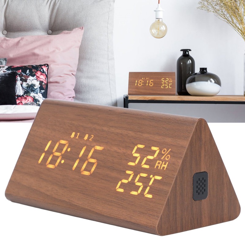 LED Digital Alarm Clock Multipurpose Wooden Clock with Voice Control