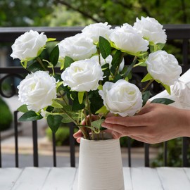 White Roses Artificial Flowers Fake Rose Bouquet Faux Silk Flower for Home Decor DIY Wedding Centerpieces Proposal Bridal Party Floral Decoration (White, 12pcs)