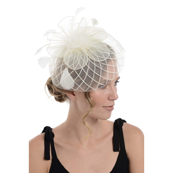 Zac's Alter Ego Cross Hatch& Net Fascinator with Feathers on