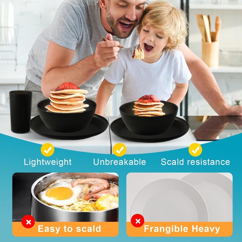 YARRGGU 24pcs Matte Black Dinnerware Set, Plates Bowls & Cups,