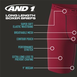 AND1 Men's Underwear Boxer Briefs - 12 Pack Performance Long Leg Compression Boxers for Men with Contour Pouch (S-3XL), Size Large, Black/Legion Blue/Black/Web Blue/Maritime Blue