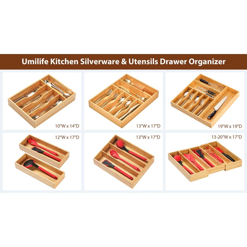 Umilife Bamboo Kitchen Drawer Organizer, 8 Inch Silverware Utensils Tray