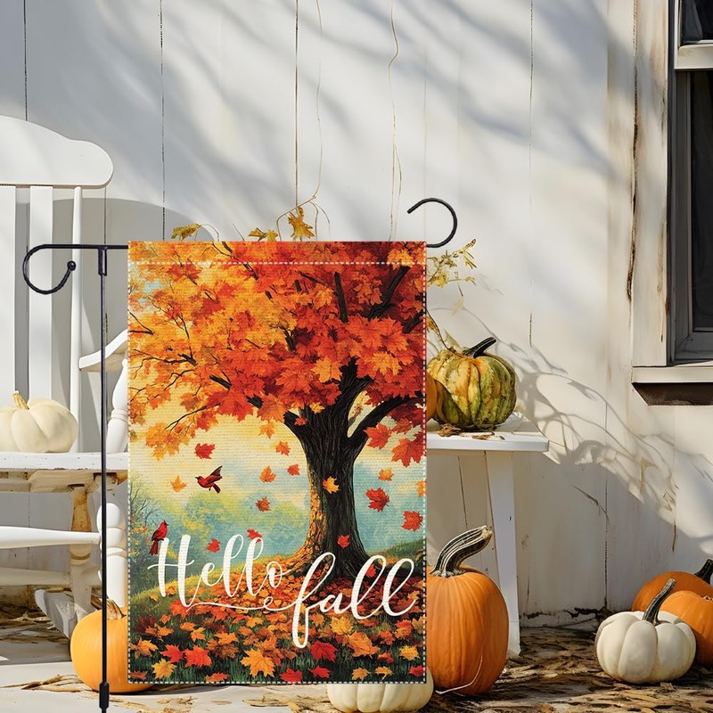 Hello Fall Maple Tree Garden Flag Decor for Outside, Double