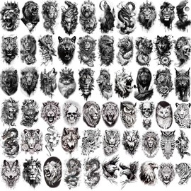 60 Sheets Temporary Tattoos Adult Black Fake Tattoos Oriental Lion Tiger Dragon Wolf unisex (60PCS ANIMAL PRINT)