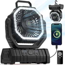 VOSFEEL Camping Fan - 20000mAh Battery Powered Fan Rechargeable with LED Lantern - Portable Outdoor Tent Fan with Hanging Hook 4 Speeds Wind Remote Control