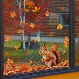 LOONELO Autumn Maple Leaf Window Stickers – Double-Sided Rustic Squirrel & Harvest Window Clings, Removable Thanksgiving Glass Decals for Farmhouse Home, Living Room, Bedroom Decor
