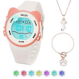 HMJIA Children's Watch Girls with Cat Motif Necklace Set 3ATM Waterproof Watch with Alarm Stopwatch LED Light Children's Watch Digital Birthday for 3-12 Years Girls, White, Strap.