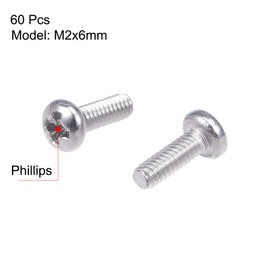uxcell M2x6mm Machine Screws Pan Phillips Cross Head Screw 304 Stainless Steel Fasteners Bolts 60Pcs