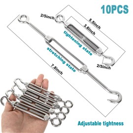 Acrux7 10 Pack M6 Turnbuckle 304 Stainless Steel Turnbuckles, Hook and Eye Wire Tensioner Heavy Duty Stainless Steel Cable Turnbuckle Kit for Wire Cable