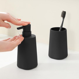YAUKPH Juego de accesorios de baño Juego de dispensador de jabón y soporte para cepillo de dientes de 2 piezas Rayas negras