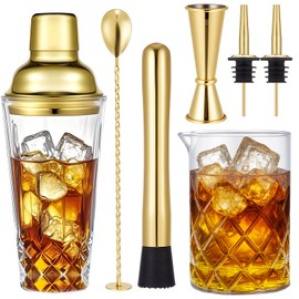 Mifoci 7 Pcs Gold Glass Cocktail Shaker Set with 14oz Shaker 24oz Cocktail Mixing Glass Measuring Jigger Mixing Spoon Stainless Steel Bottle Pourers for Martini Bartender Professional Bar