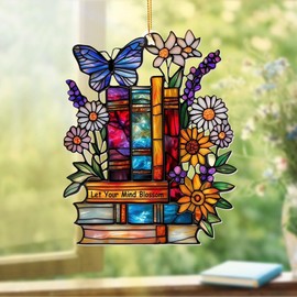 Book Ornament – ​​Stained Glass Style Acrylic Christmas Ornament with,Teacher Back To School Gift, Bookish Gifts For Librarian, BookLovers,Reader, Women, Suncatcher Effect Decor For Christmas Tre,S-18