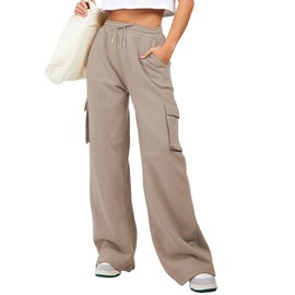 Aleumdr Women's Drawstring Cargo Pants 2025 Fall Trendy Casual Wide Leg Cotton Joggers Sweatpants Sports Lounge Pants with Pockets Simply Taupe XX-Large