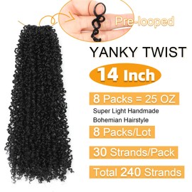 Aksice 14 Inch 8 Packs Yanky Twist Crochet Hair for Women Pre-looped Mini Twist Hair Bohemian Passion Twist Crochet Hair Boho Crochet Braids Synthetic (1B)