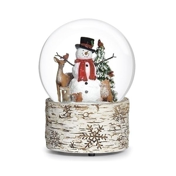 Roman Musical Snowman with Animals Glitterdome, Birch Base, 6.5-inch Height,
