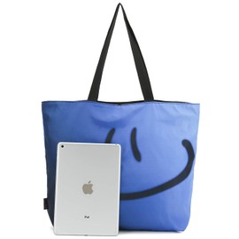 Mibbxea Shopping Bag, Reusable Carry Bag with Handle, Shoulder Bag for Travel and Gym, Shopper with Zip, Work Bag Organiser for Men and Women, Blue Smile