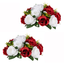 Inweder Wedding Flower Balls for Centerpieces - 2 Pcs Artificial Flower Ball Arrangement Bouquet, Fake Flowers Rose Balls for Weddings, Birthday Party, Home Decor, Crimson & White
