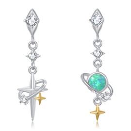 Moon Star Moonstone Earrings 925 Sterling Silver Eight-Pointed Star Earrings Rainbow Jewellery for Girls Mother Daughter Ladies Girlfriend, Sterling Silver, Opal