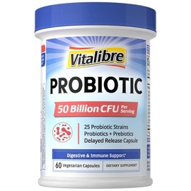 Vitalibre Probiótico para mujeres y hombres, 50 mil millones de UFC, 25 cepas diversas más prebióticos, para la salud digestiva y el apoyo...         