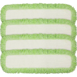 CleanAide Commercial Microfiber Dry Mop Pad Refill, 24 Inch Floor Cleaning Pads with Coral Weave and Rope Border, Reusable for Hardwood, Tile, Vinyl, Fits Most Mop Frames, Green Trim, 4-Pack